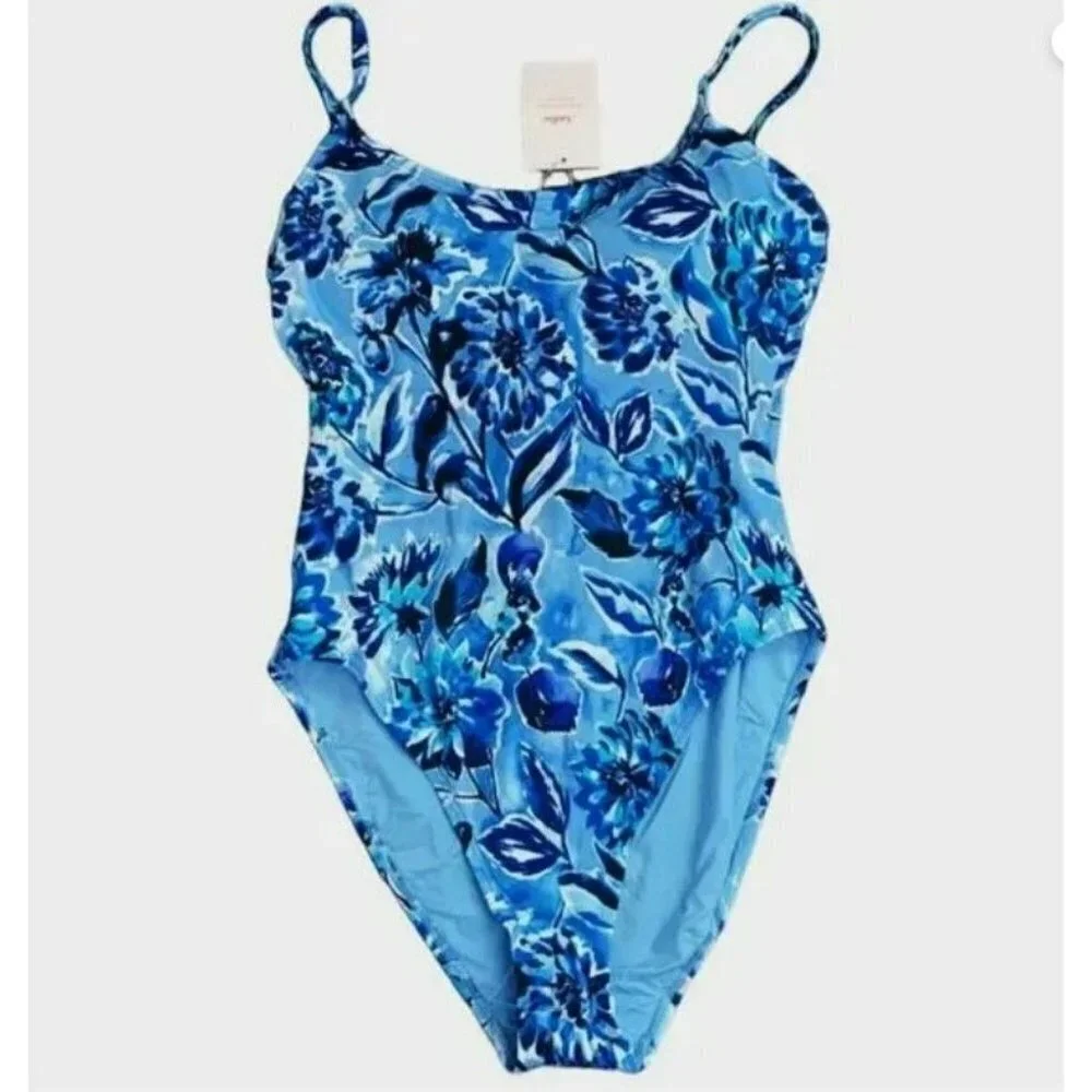Andie Swim The Amalfi One Piece Swimsuit Bathing Suit Blue Floral‎ Size Large